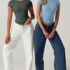 Women's Crew Neck Short Sleeve Tees Double Lined Slim Fit T Shirt Basic Y2K Tops