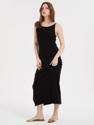 100% Merino Wool Women’s Casual Sleeveless Boat Neck Spaghetti Strap Bodycon Maxi Dress Black Long Dresses