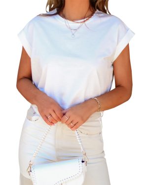 Womens Short Sleeve Cropped T-Shirts Summer Rolled Dolman Sleeve Crop Tops Casual Round Neck Solid Short Basic Tees