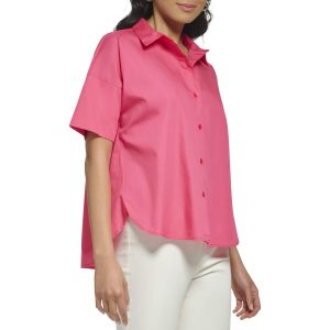 Women's Poplin Hi Lo Short Sleeve Button Down Blouse