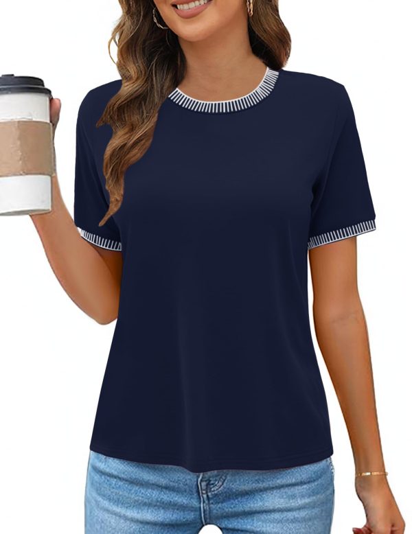 Women 2025 Summer Short Sleeve T-Shirts Crewneck Loose Casual Color Block Fashion Tee Tops