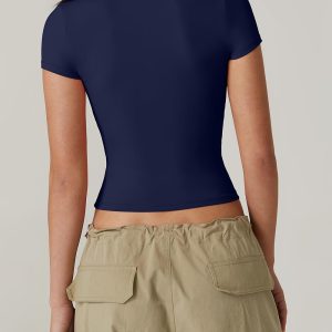 Women's V Neck Short Sleeve T Shirts Double Lined Tee Seamed Cup Going Out Tops