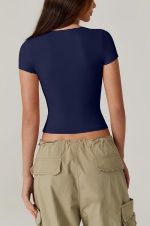 Women's V Neck Short Sleeve T Shirts Double Lined Tee Seamed Cup Going Out Tops