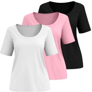 3 Pack Elbow Length Sleeve T-Shirt for Women, Scoop Neck 1/2 Half Sleeve 35% Cotton Top Casual Summer Loose Basic Tee