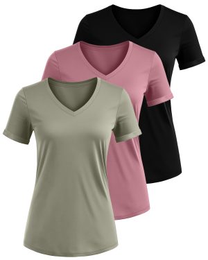 3 Pack Women’s V Neck T Shirts, Summer Casual Short Sleeve Tops Loose Fit Rolled Sleeve Tees 2025 Trendy Cotton Shirts