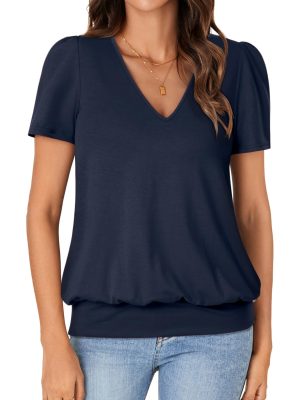 Women’s Casual Short Sleeve V Neck T Shirt Summer Banded Bottom Loose Fit Tunic Tee Shirt Top