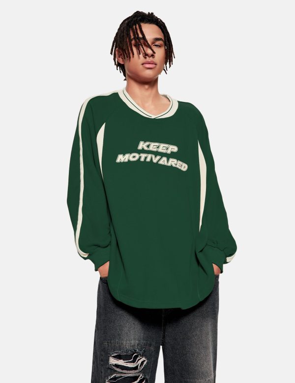 Patchwork Crewneck Sweatshirt Oversized Vintage Letter Long Sleeve T-Shirt Graphic Top for Men Streetwear