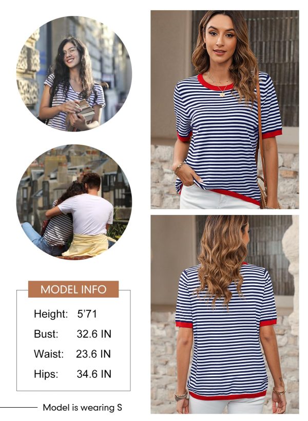 Womens Tops Casual Summer Crewneck Short Sleeve Striped Color Block Knit High Low Trendy Pullover Sweaters
