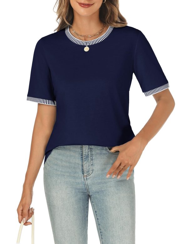 Women 2025 Summer Short Sleeve T-Shirts Crewneck Loose Casual Color Block Fashion Tee Tops