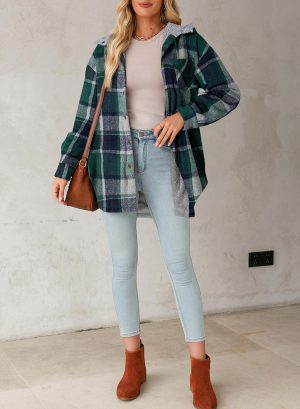 Women's Flannel Hooded Plaid 2024 Shacket Thick Coat Winter Coat for Warmth Button down Warm and Fuzzy Fleece Jacket