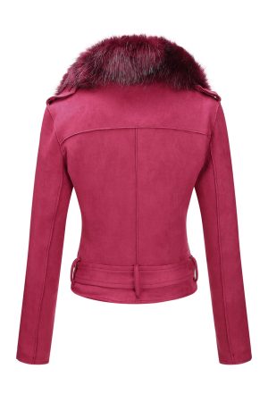 Women Faux Leather Suede Jacket Moto Biker Coat Sherpa-Lined Overcoat with Removable Belt