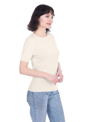 Short Sleeve Crewneck Sweater Top 100% Cashmere Jewel Neck Pullover Tee for Women