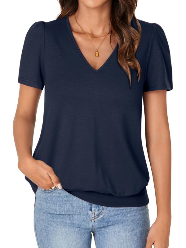 Women’s Casual Short Sleeve V Neck T Shirt Summer Banded Bottom Loose Fit Tunic Tee Shirt Top