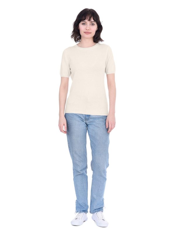 Short Sleeve Crewneck Sweater Top 100% Cashmere Jewel Neck Pullover Tee for Women