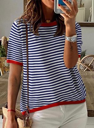 Womens Tops Casual Summer Crewneck Short Sleeve Striped Color Block Knit High Low Trendy Pullover Sweaters