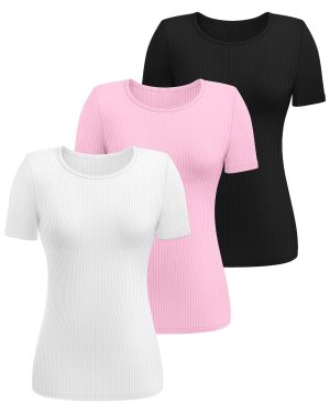 3 Pack Women's Ribbed T-Shirts, Cotton Short Sleeve Basic Tees Crewneck Fitted Tops Casual Shirts 2025 Summer Trendy