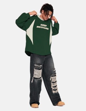 Patchwork Crewneck Sweatshirt Oversized Vintage Letter Long Sleeve T-Shirt Graphic Top for Men Streetwear