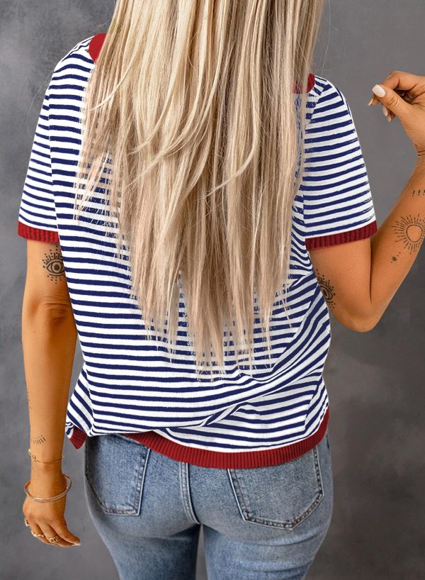 Womens Tops Casual Summer Crewneck Short Sleeve Striped Color Block Knit High Low Trendy Pullover Sweaters