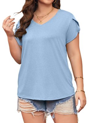 Womens Plus Size Tops V Neck T Shirts Casual Loose Petal Sleeve Tee Shirts