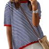 Womens Tops Casual Summer Crewneck Short Sleeve Striped Color Block Knit High Low Trendy Pullover Sweaters