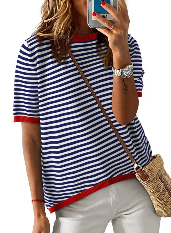 Womens Tops Casual Summer Crewneck Short Sleeve Striped Color Block Knit High Low Trendy Pullover Sweaters