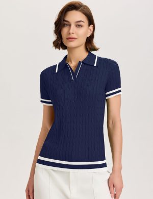 Womens Short Sleeve Sweater Tops Lapel V Neck Polo Shirts 2025 Summer Cable Knit Blouses Business Casual Outfits
