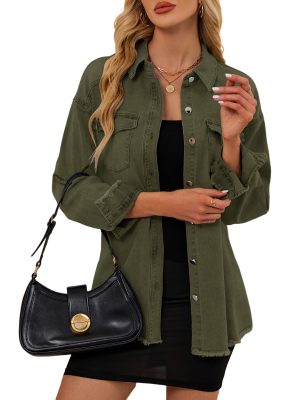 Womens Oversized Button Down Frayed Hem Denim Shacket Casual Long Sleeve Jean Jackets 2025 Spring Outfits