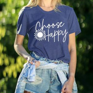 Graphic Tees for Women Choose Happy Letter Print Shirts Sunflower Women T Shirt Inspirational Short Sleeve Casual Tops