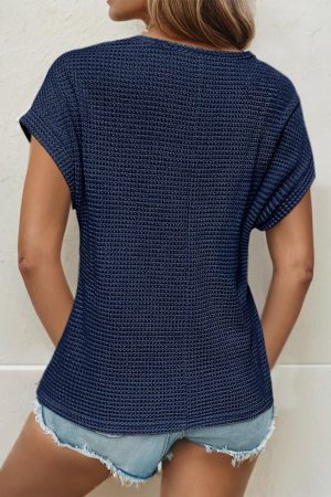 Women's Tops Casual Scoop Neck Short Sleeve Waffle Knit Hollow Out Shirts Loose Tunic Tops Blouses