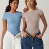 Women's Crew Neck Short Sleeve Tees Double Lined Slim Fit T Shirt Basic Y2K Tops
