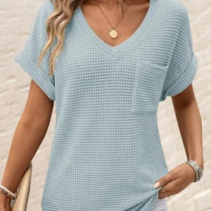 Womens Waffle Knit Tops 2025 Spring Summer V Neck Shirts Casual Trendy Women's Blouses Basic Tee
