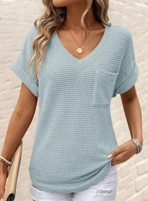 Womens Waffle Knit Tops 2025 Spring Summer V Neck Shirts Casual Trendy Women's Blouses Basic Tee