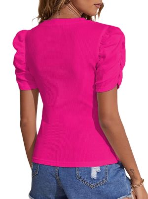 Women's Casual Puff Short Sleeve Top Crewneck Solid Slim Fit T Shirt Blouse