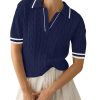 Womens Short Sleeve Sweater Tops Lapel V Neck Polo Shirts 2025 Summer Cable Knit Blouses Business Casual Outfits