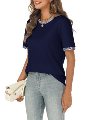 Women 2025 Summer Short Sleeve T-Shirts Crewneck Loose Casual Color Block Fashion Tee Tops