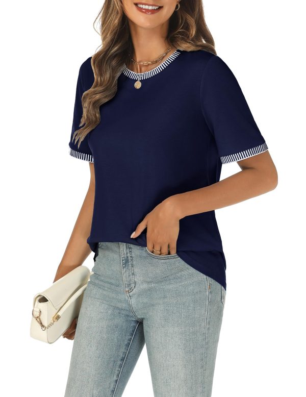 Women 2025 Summer Short Sleeve T-Shirts Crewneck Loose Casual Color Block Fashion Tee Tops