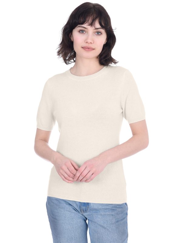 Short Sleeve Crewneck Sweater Top 100% Cashmere Jewel Neck Pullover Tee for Women