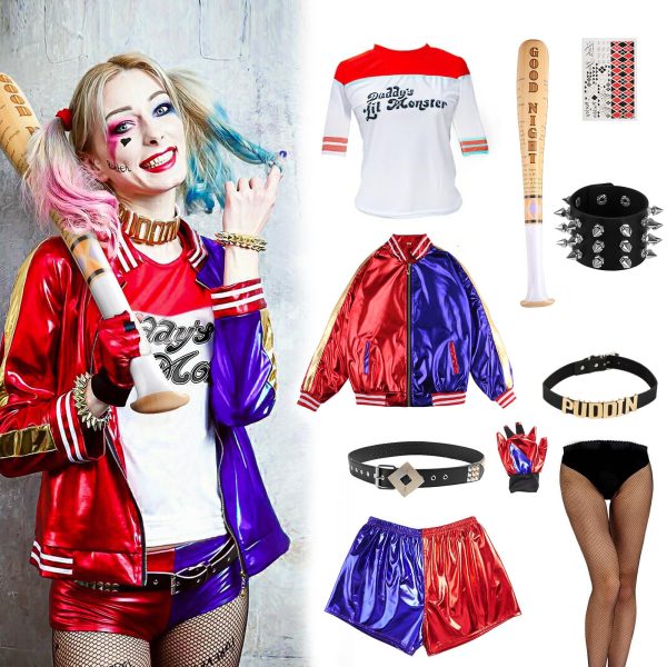 10PCS Halloween Harley Costumes Cosplay Set for Adult Women T-shirt Jacket Shorts Puddin Choker Bracelet