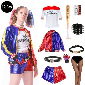 10PCS Halloween Harley Costumes Cosplay Set for Adult Women T-shirt Jacket Shorts Puddin Choker Bracelet
