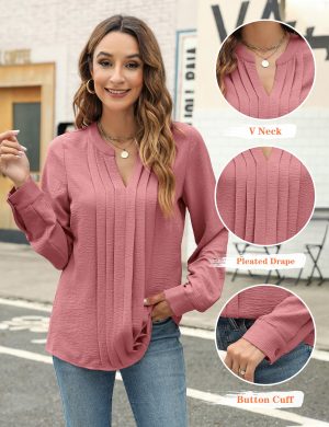 Women's Dressy Casual Blouses Business Work Tops Long Sleeve V Neck Pleated Shirts 2025 Fall Outfits