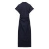 Womens Denim Shirt Dress Short Sleeve Long Ruched Bodycon Casual Elegant Midi Jean Dress