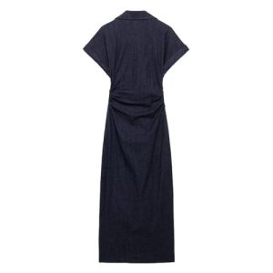Womens Denim Shirt Dress Short Sleeve Long Ruched Bodycon Casual Elegant Midi Jean Dress