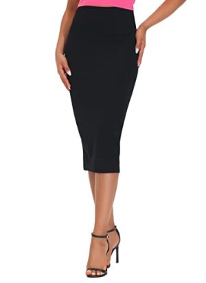 Women's High Waist Tummy Control Pencil Skirts Stretchy Bodycon Midi Skirt Below Knee with Back Slit