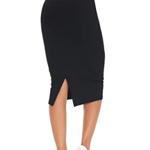 Women's High Waist Tummy Control Pencil Skirts Stretchy Bodycon Midi Skirt Below Knee with Back Slit
