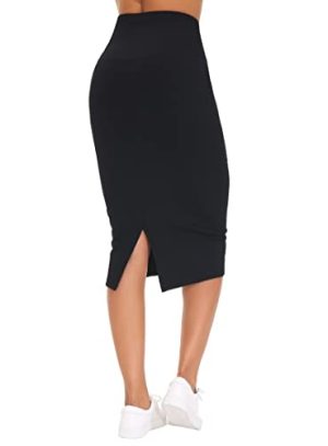 Women's High Waist Tummy Control Pencil Skirts Stretchy Bodycon Midi Skirt Below Knee with Back Slit
