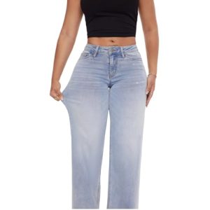 Mid-Low Rise Baggy Jeans Wide Leg for Women Distressed Pants Stretchy Bottom Lady Basic Comfortable Denim