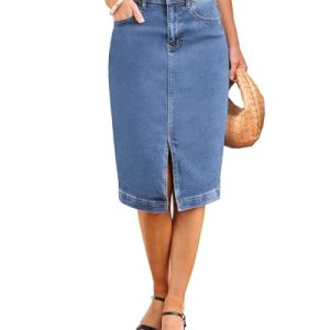 Jean Skirts for Women Denim Trendy Summer Casual Stretchy High Waisted Midi Below Knee Pencil Skirt with Slit