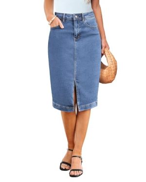 Jean Skirts for Women Denim Trendy Summer Casual Stretchy High Waisted Midi Below Knee Pencil Skirt with Slit