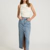 Women's High Waisted Medium Wash Front Slit Maxi Denim Skirt