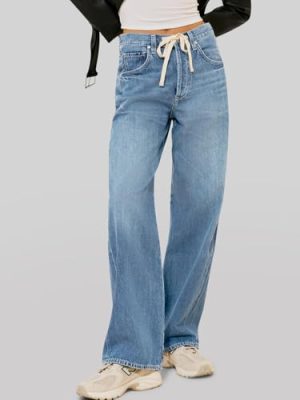 Womens Baggy Wide Leg Jeans Boyfriend Drawstring High Waisted Mom Denim Pants with Pockets